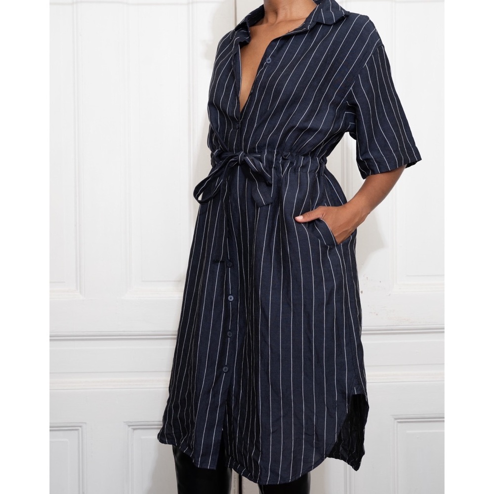 SOLD Waist Tie Dress Navy White Stripe